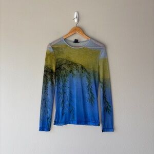 vintage 90s mesh Vivienne Tam goldfish pond motif print top and skirt set